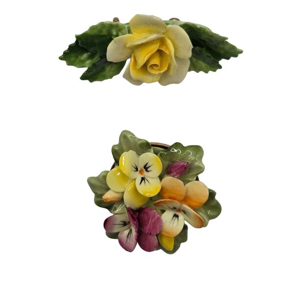 VTG Brooches Royal Doulton England Porcelain Gold Tone Bone China Floral Granny - Picture 1 of 10